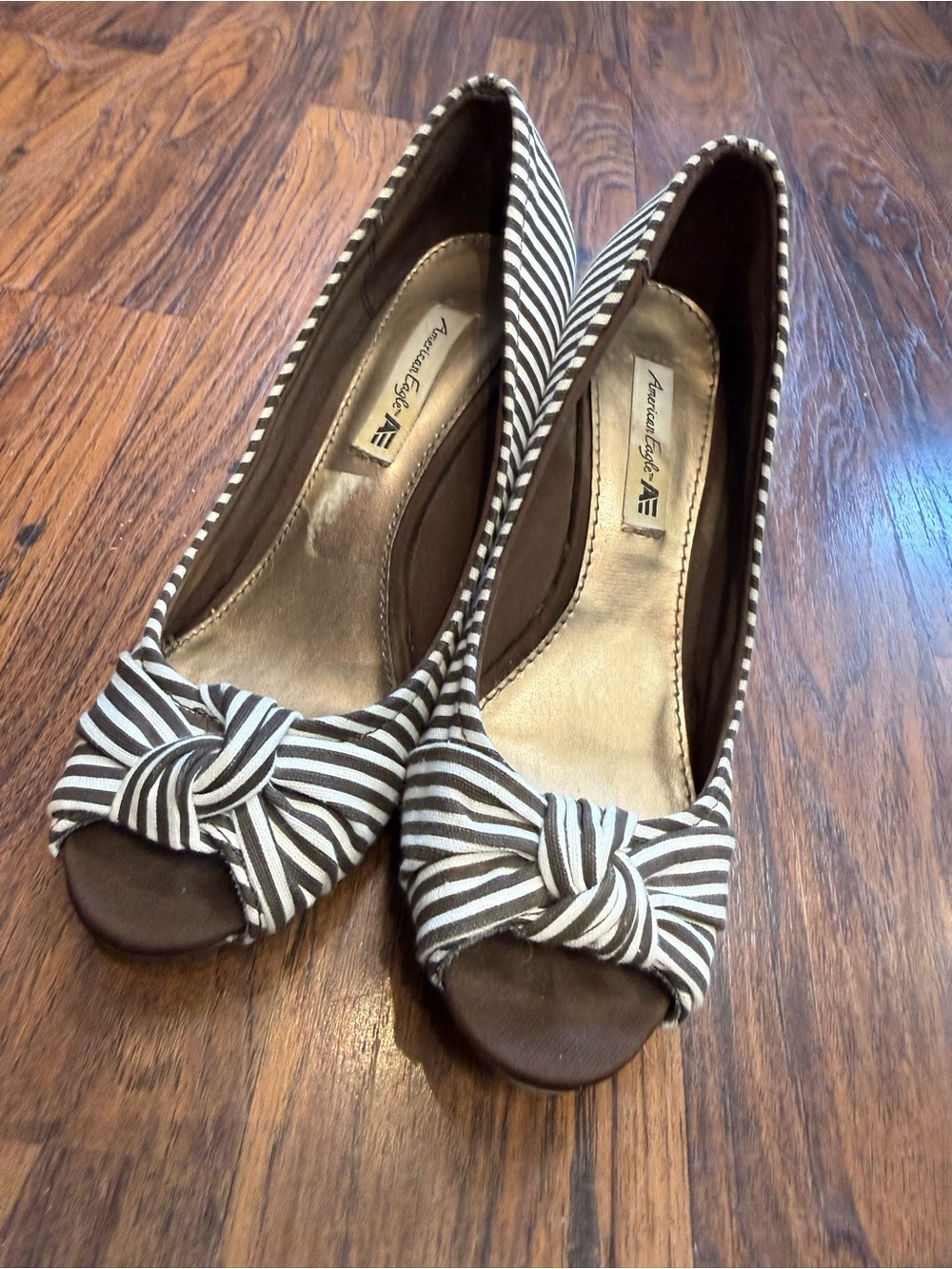 American Eagle Outfitters Brown and White Striped Peep-Toe Wedges